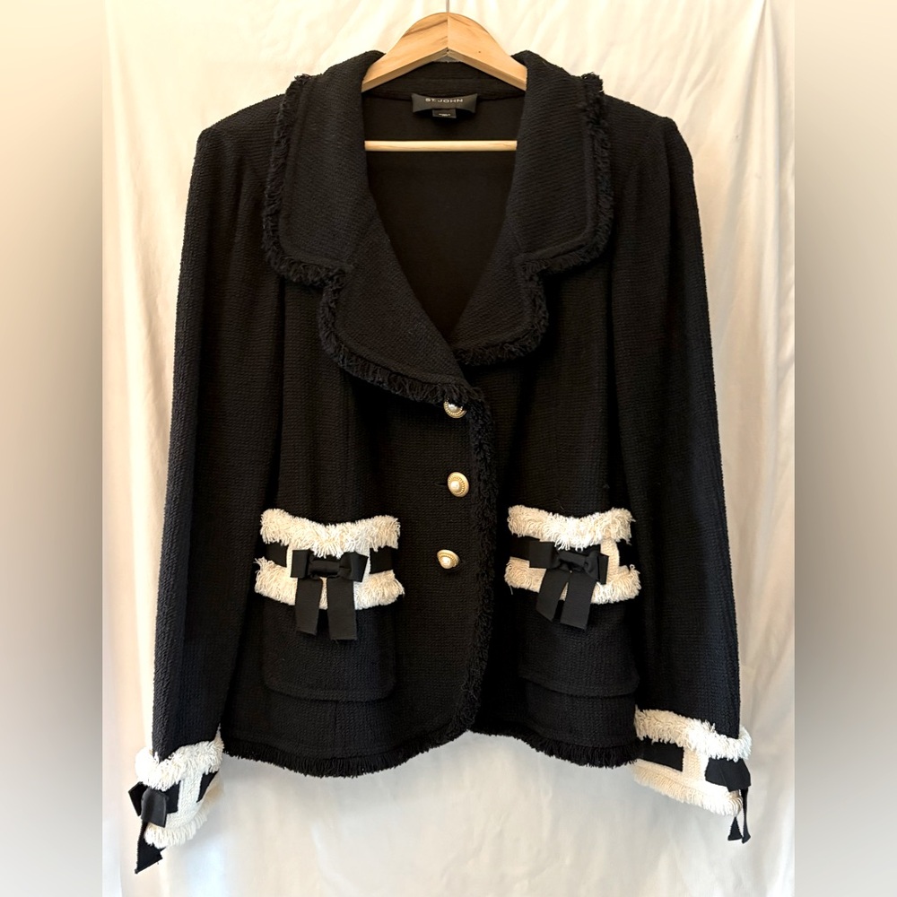 Vintage, pristine condition St. John black jacket with black and white fringe